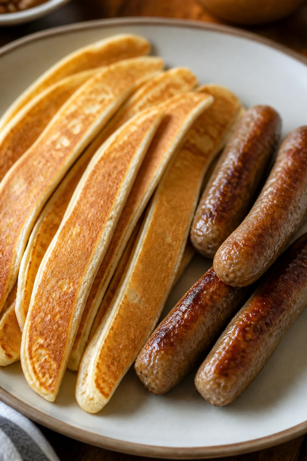 Pancake strips with sausage on a plate for dipping