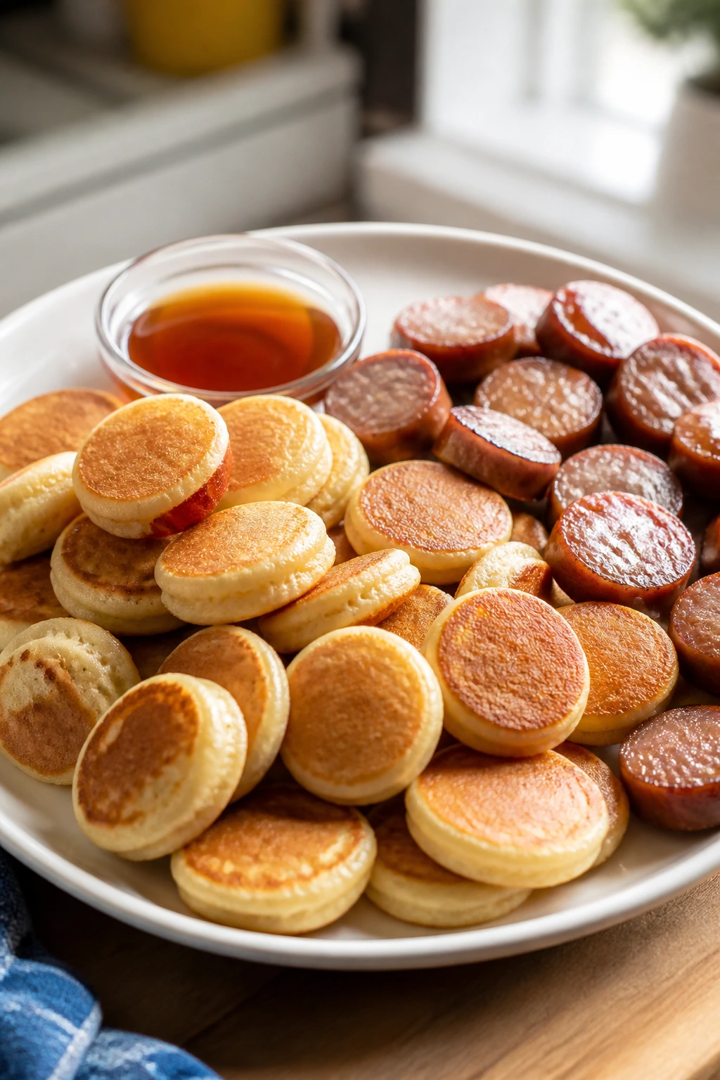 Plate of pancake dippers with sausage slices for dipping in a bright kitchen