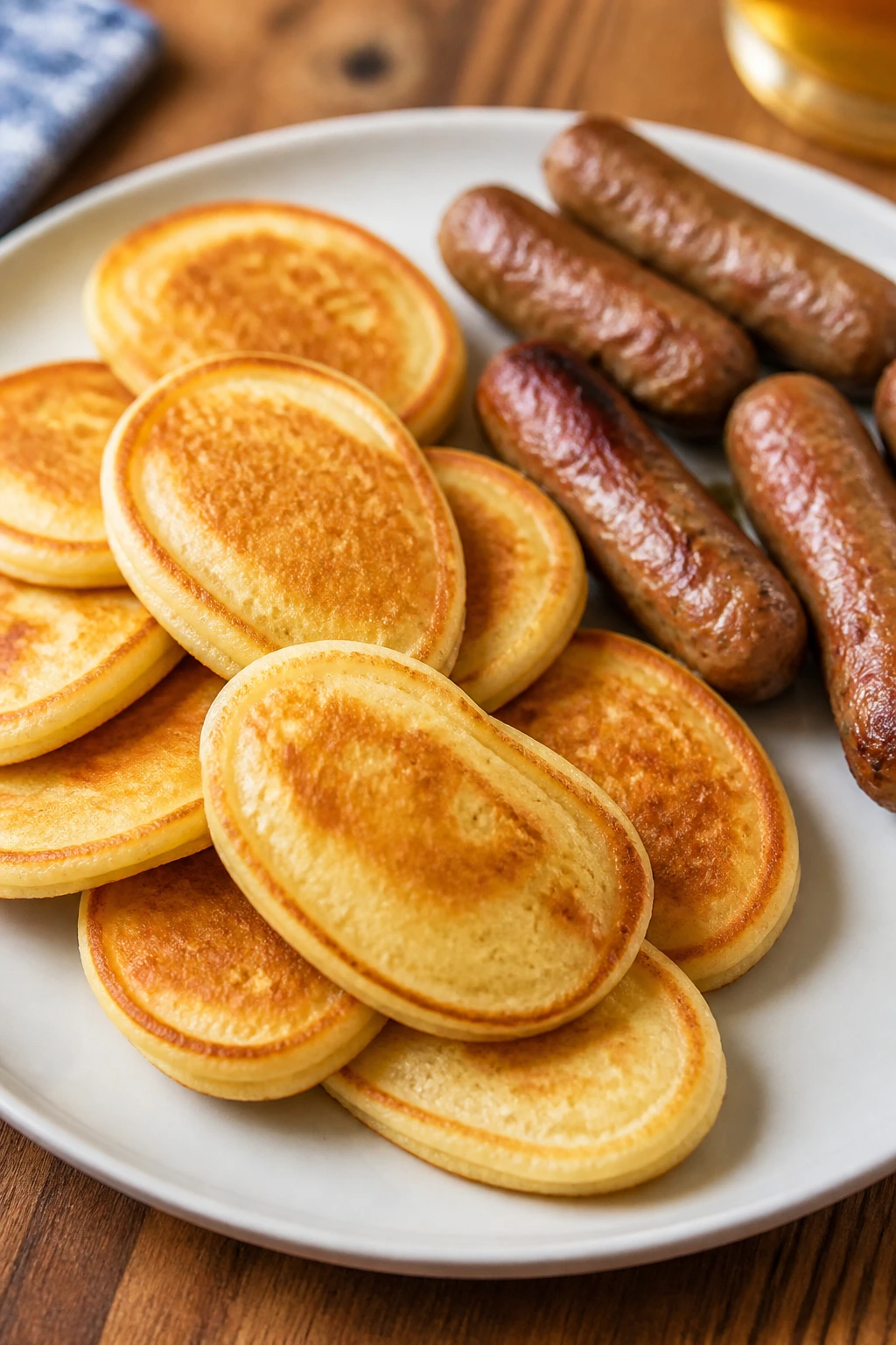Plate of savory pancake dippers with sausage on a breakfast table