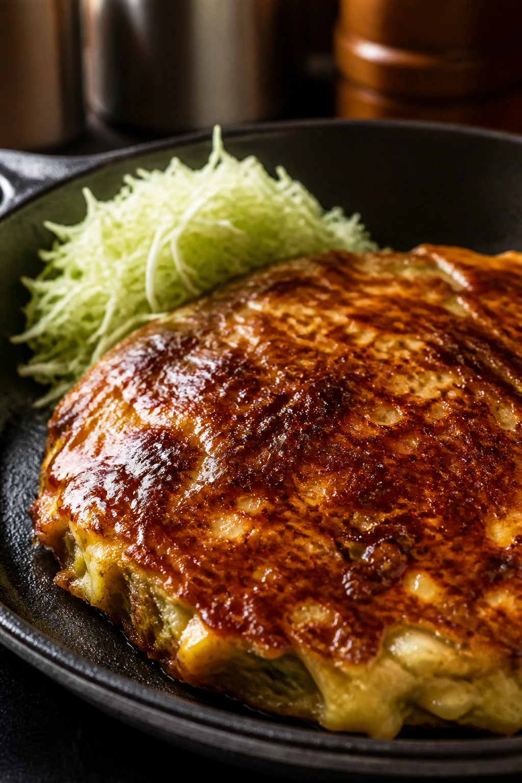 Pancake with cabbage near edge in pan