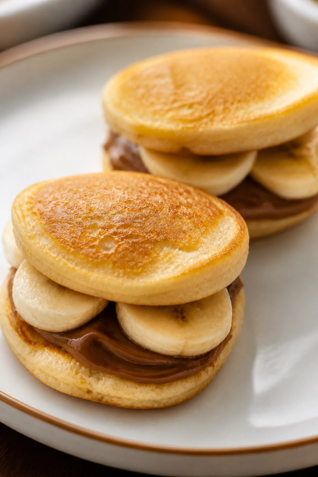 Close-up of two mini pancake sandwiches with banana slices on a breakfast plate