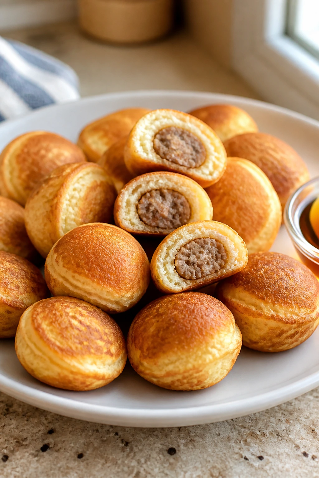 Close-up of Pancake Sausage Bites on a plate with syrup