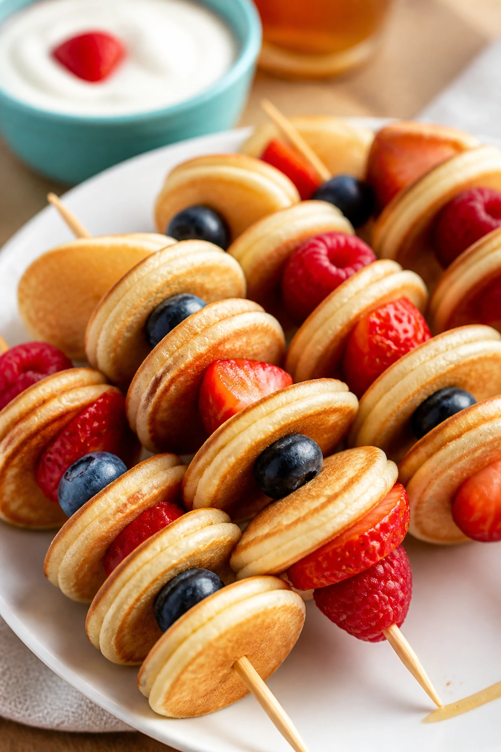 Pancake skewers with fruit on a plate