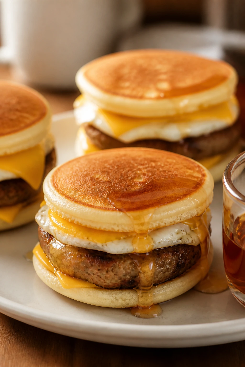 Pancake sliders with sausage, egg, and cheese between mini pancakes