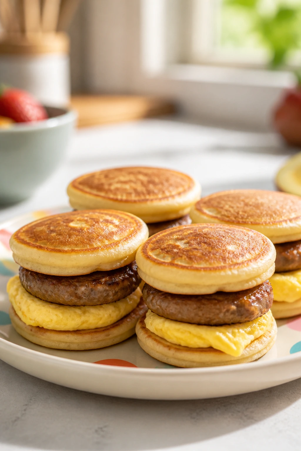 Four mini pancake sliders with sausage and egg on a plate in a kitchen