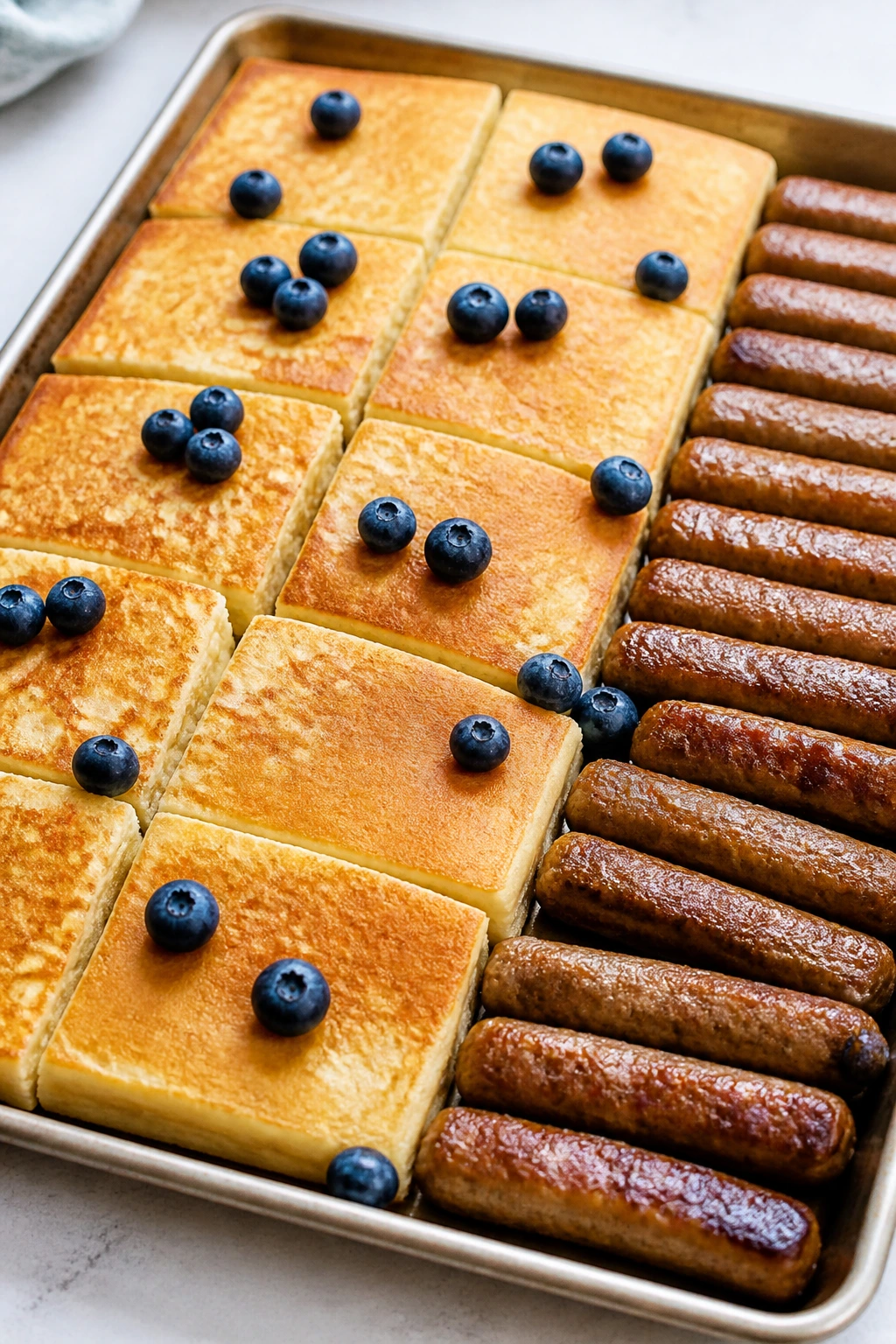 Sheet pan pancake squares with sausage on a kitchen counter