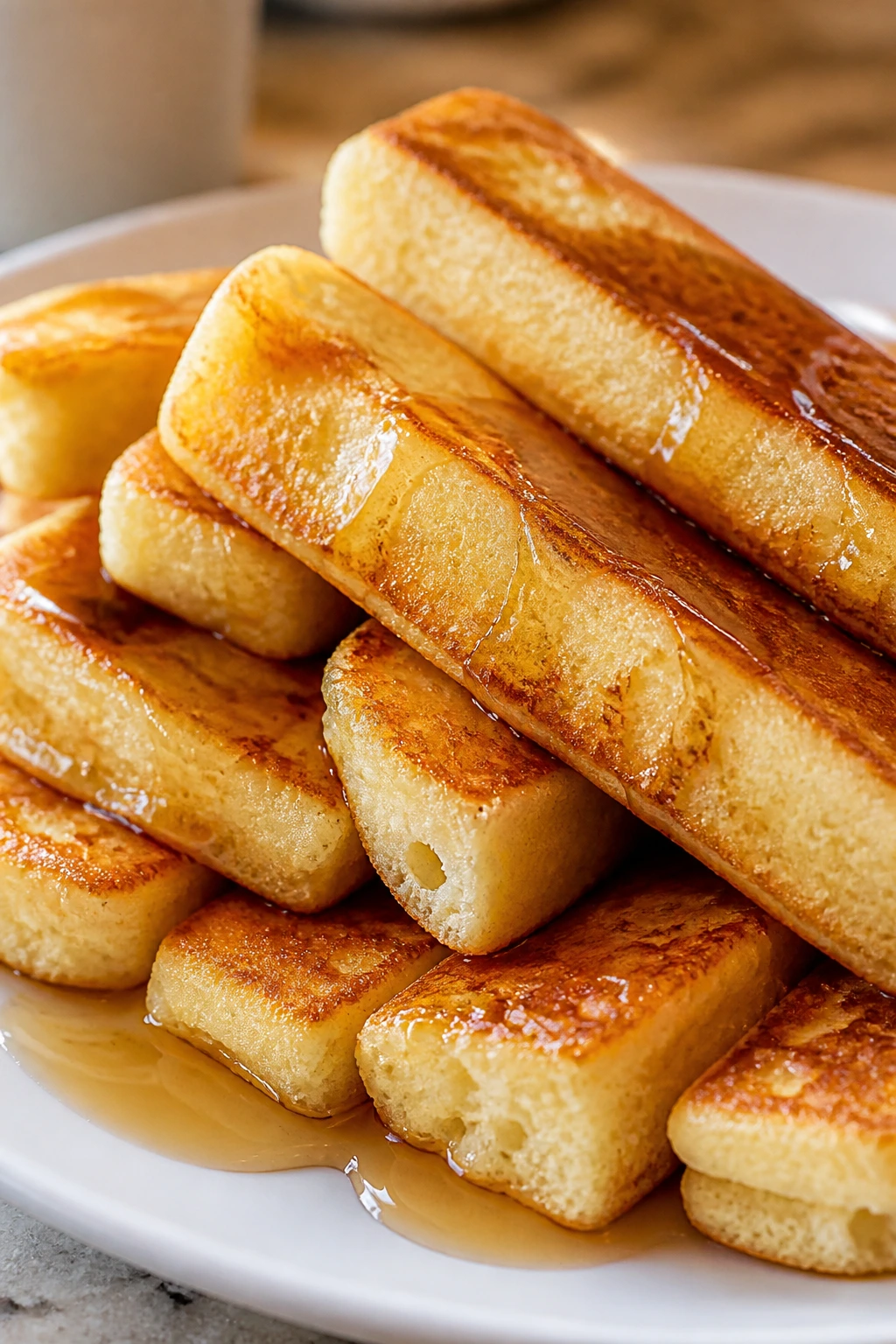 Close-up of fluffy pancake dippers on a plate with maple syrup in a cozy kitchen