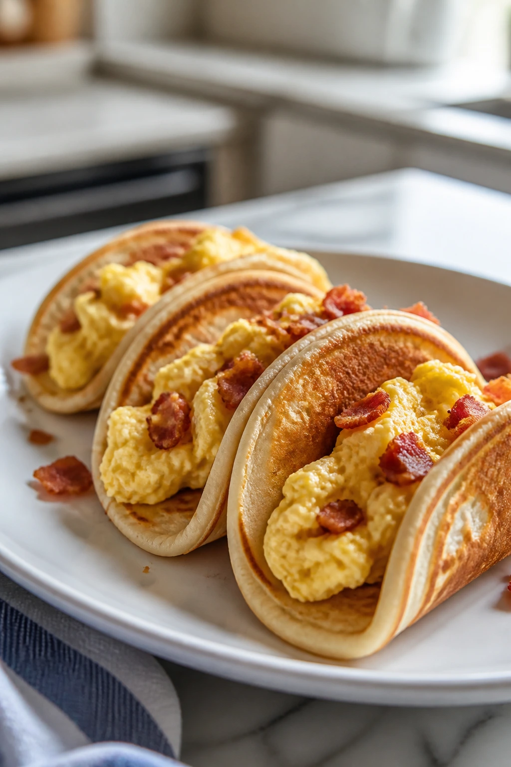 Mini pancake tacos filled with eggs and bacon on a plate