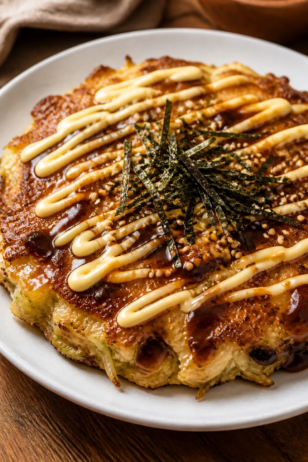 Close-up of cabbage pancake with glossy sauce and toppings on a plate in a home kitchen