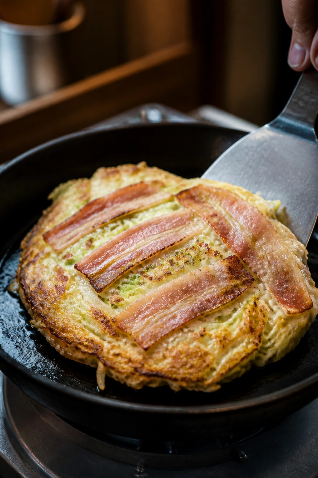 Pancake forming in skillet with bacon across surface
