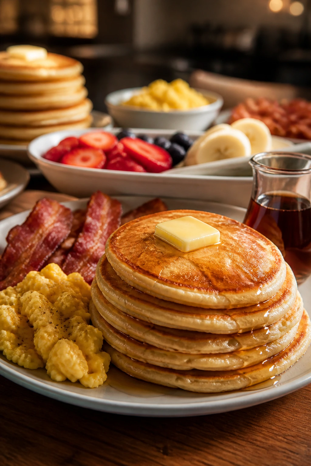 Close-up of pancake stack with eggs, bacon, and fruit on a cozy table