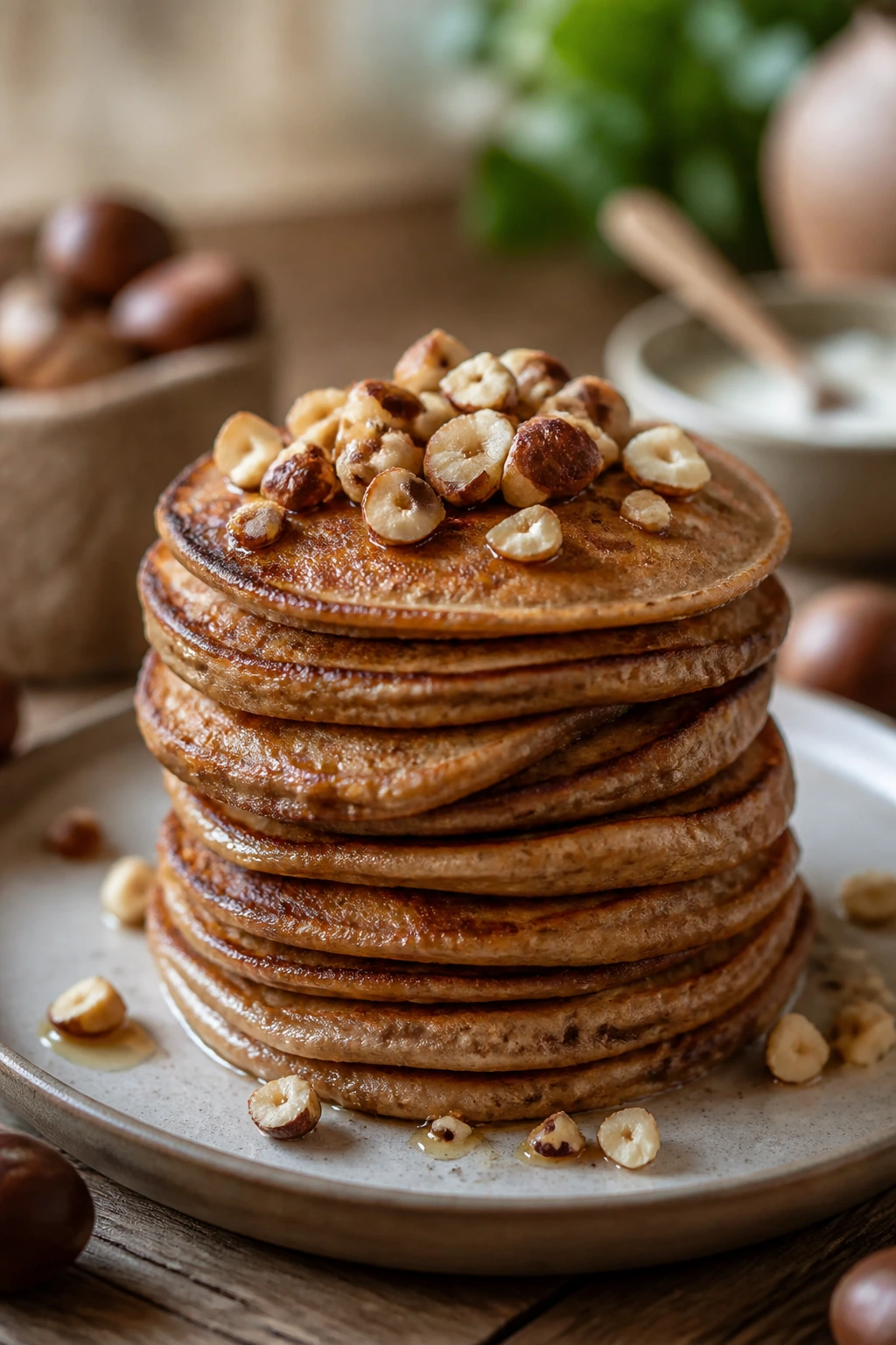 Close-up of chestnut flour pancakes with hazelnuts on top