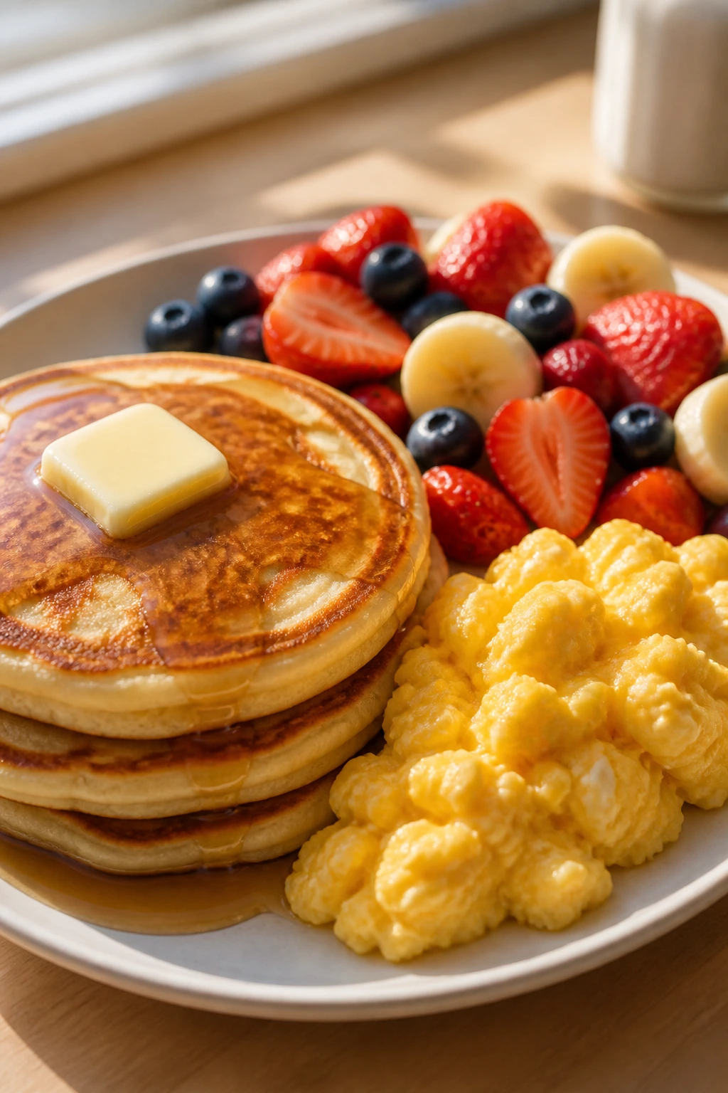 Plate with pancakes, scrambled eggs, and fruit for a kid-friendly dinner