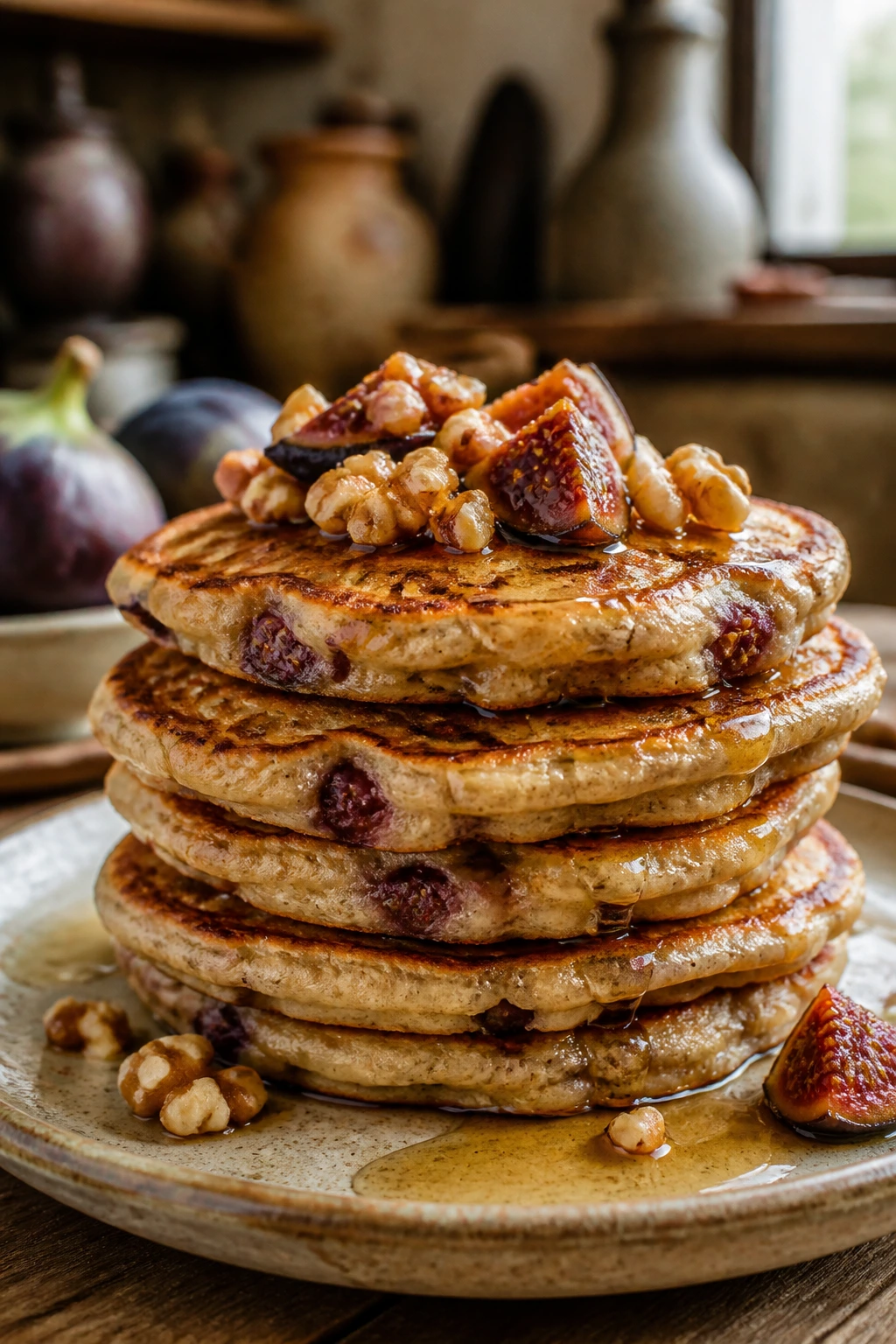 Close-up of fig and walnut pancakes with figs and walnuts on top