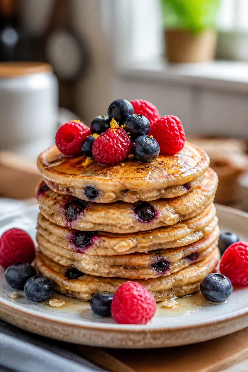 Stack of ricotta oat pancakes with berries on a plate in a sunny kitchen