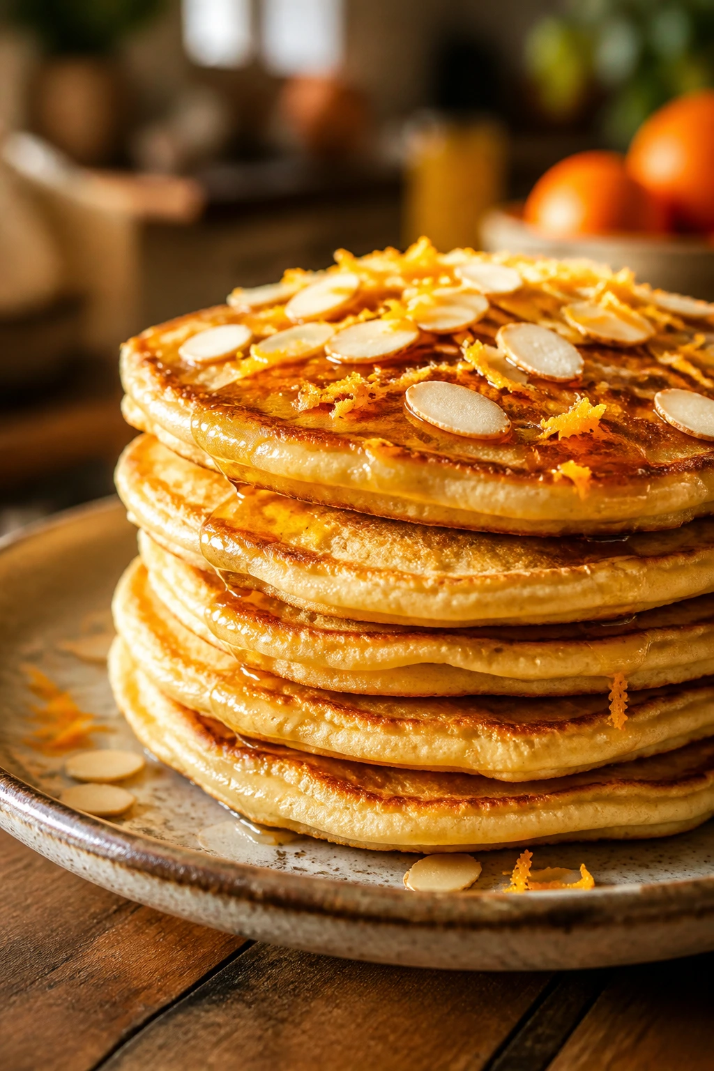 Close-up of orange almond pancakes with zest and almonds on top