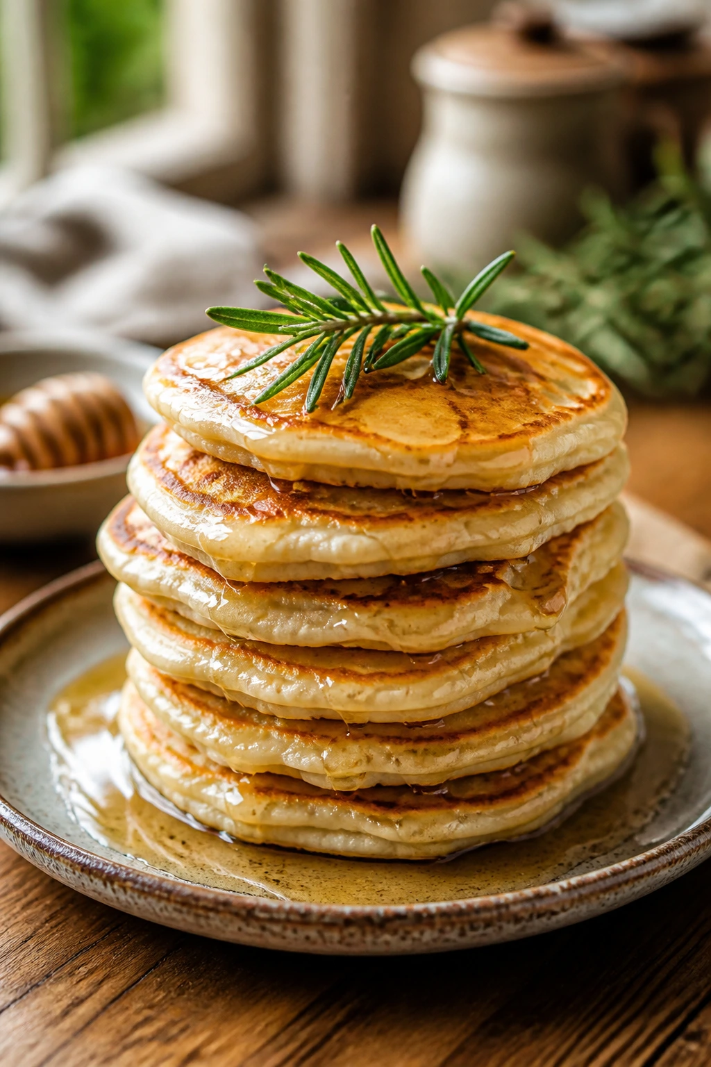Close-up of rosemary honey pancakes with a sprig of rosemary on top