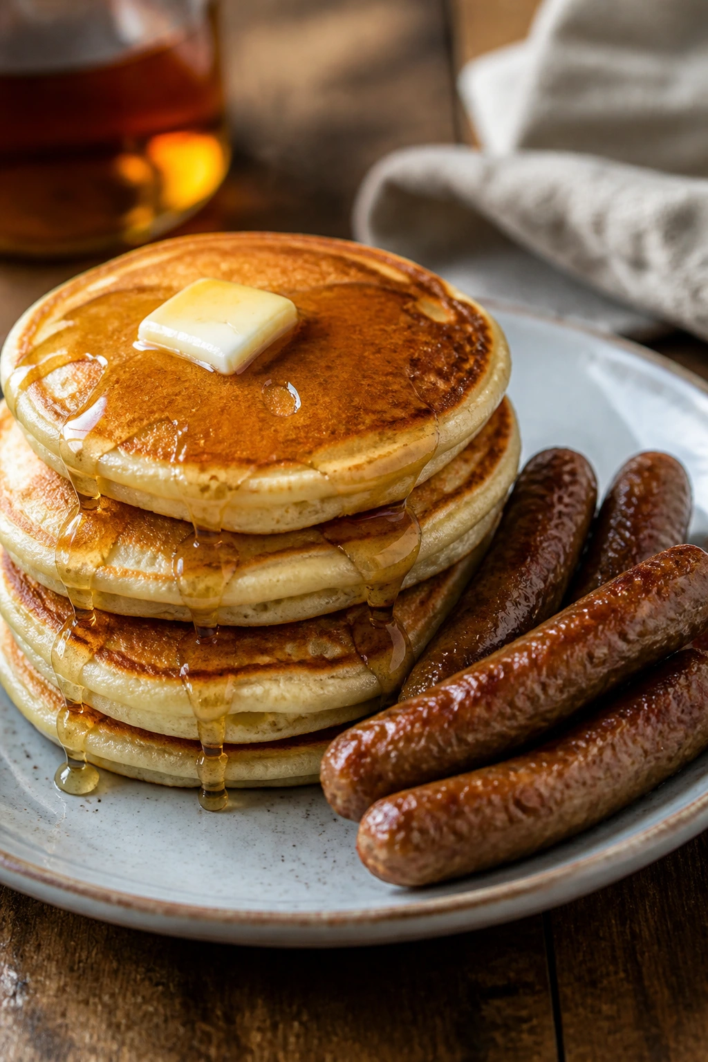 Close-up of pancakes with sausage on a plate in a cozy kitchen