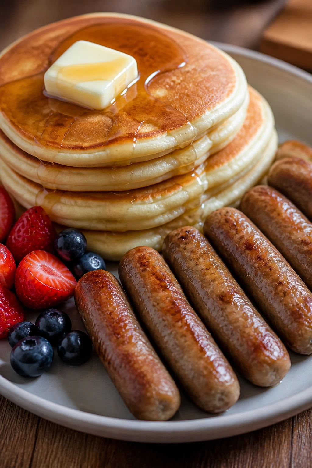 Plate with pancakes and sausage on a warm kitchen table