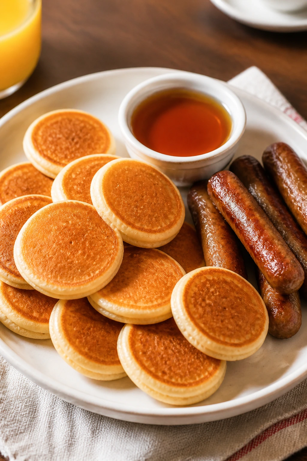 Plate of pancake dippers with sausage links for dipping