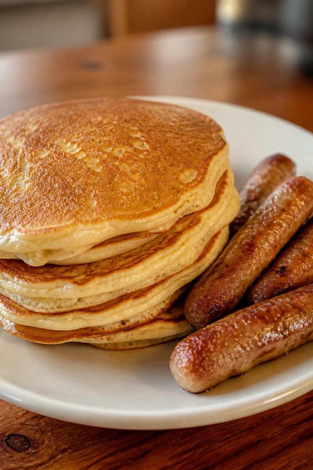 Stack of fluffy pancakes with sausage links on a plate