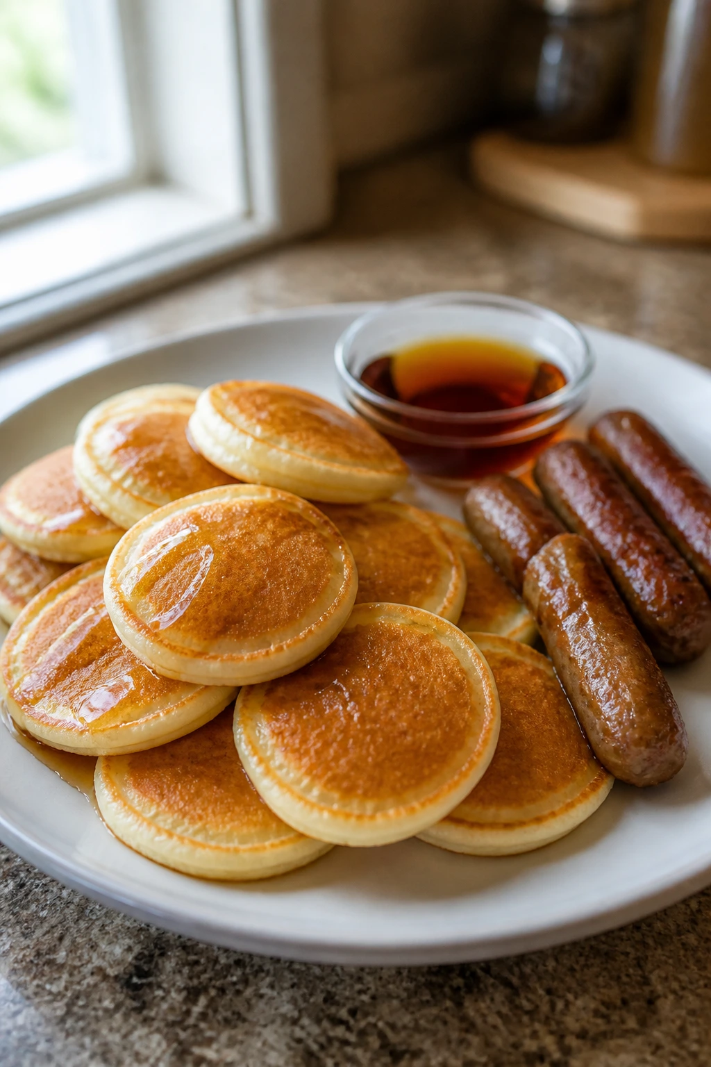 Close-up of pancake dippers with sausage on a plate in a cozy kitchen