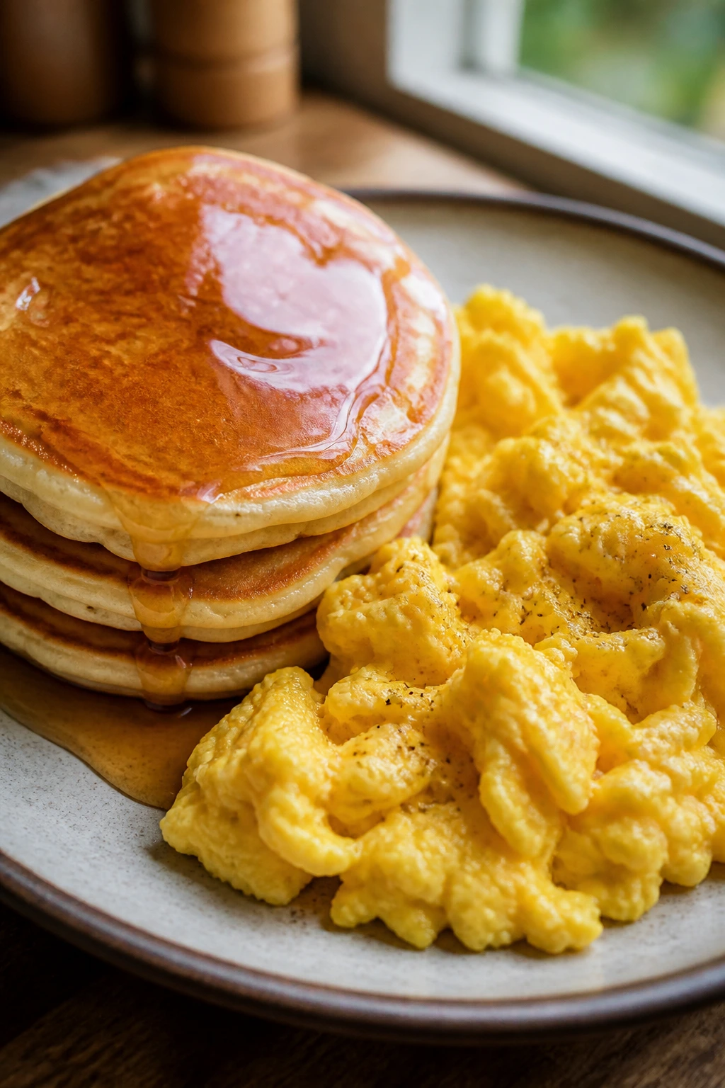 Plate with pancakes and scrambled eggs for breakfast dinner