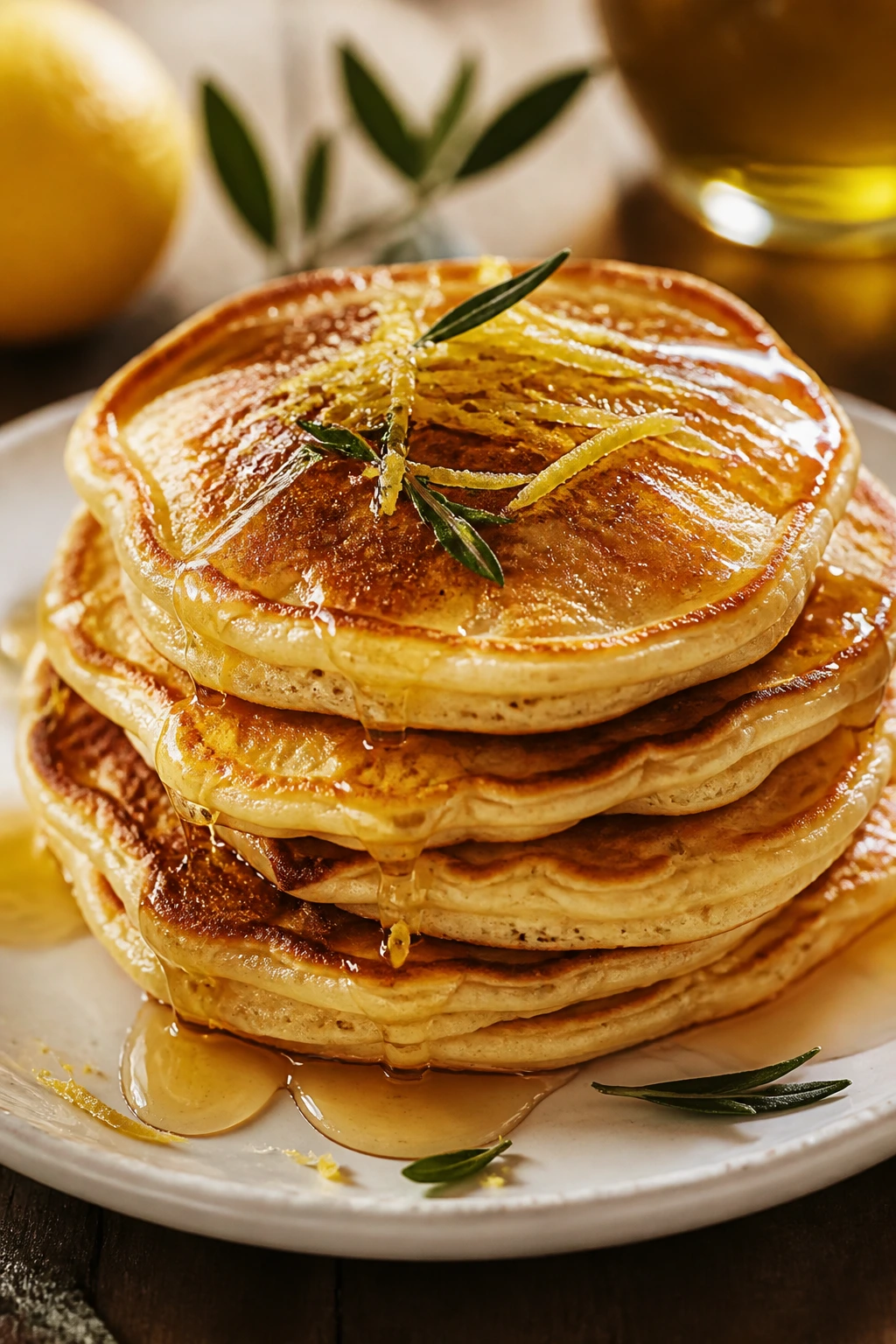 Warm stack of pancakes with honey and olive oil drizzle