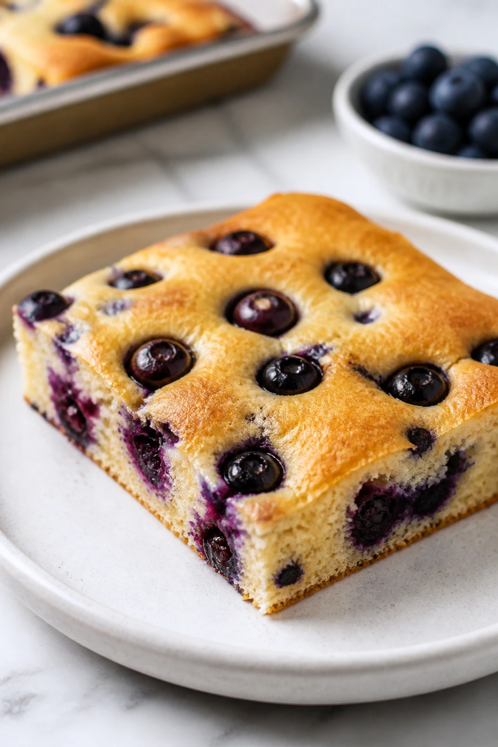 Square sheet-pan pancake with blueberries on plate