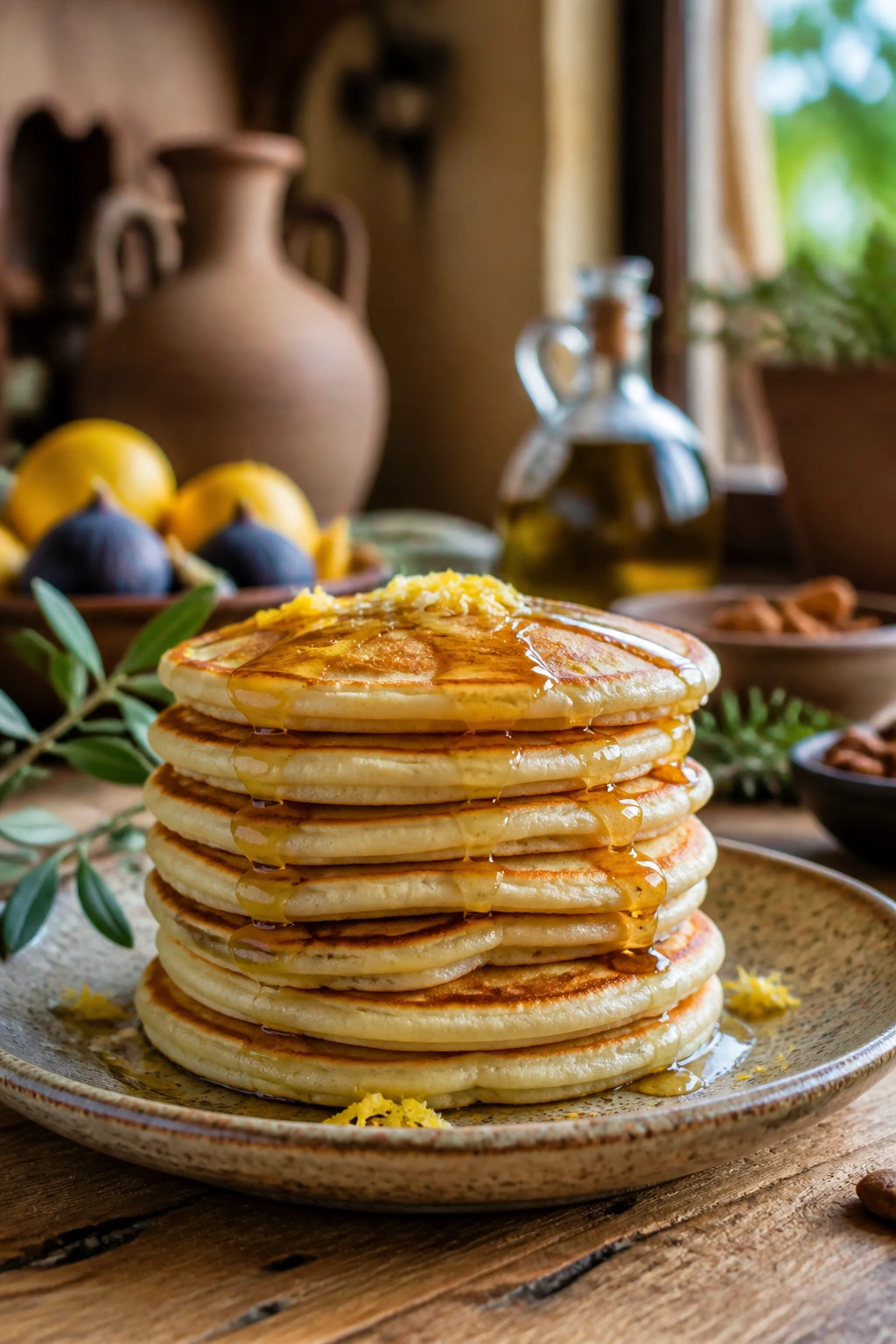 Close-up of a tall stack of Greek yogurt pancakes with honey and lemon zest on a rustic wooden table