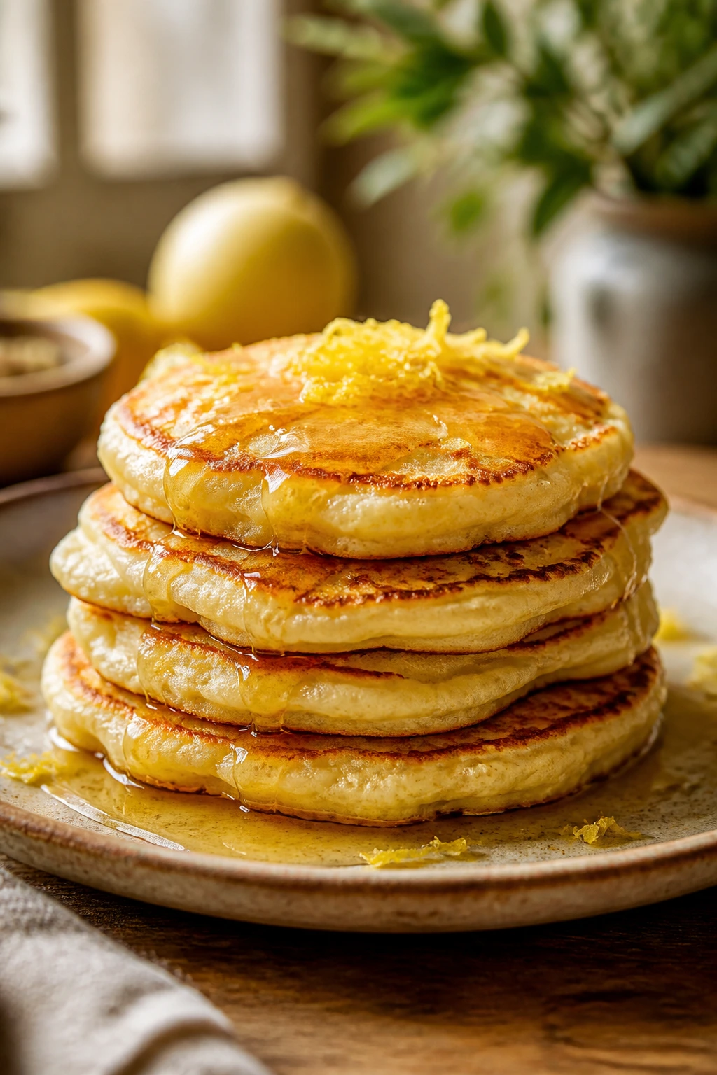 Close-up of lemon yogurt pancakes with honey drizzle on a rustic wooden plate