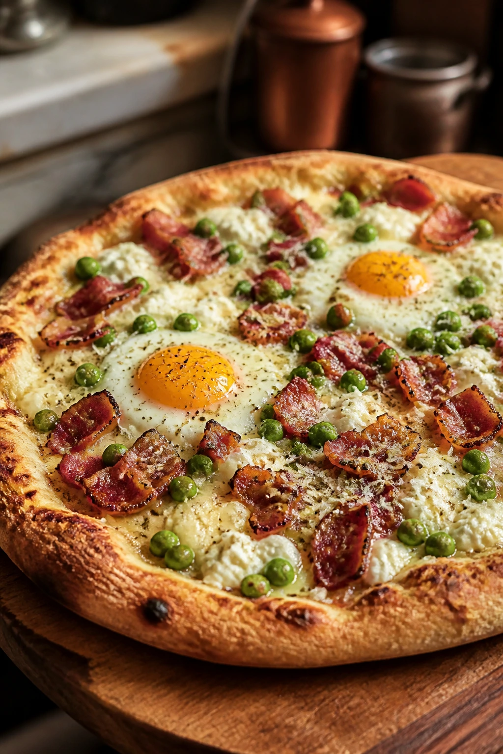 Close-up of Pancetta Pea Pecorino Breakfast Pizza with pancetta and peas