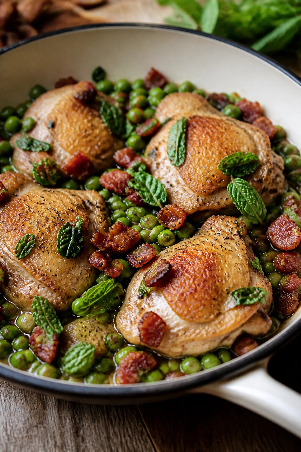 Close-up of chicken with pancetta peas and mint in a skillet