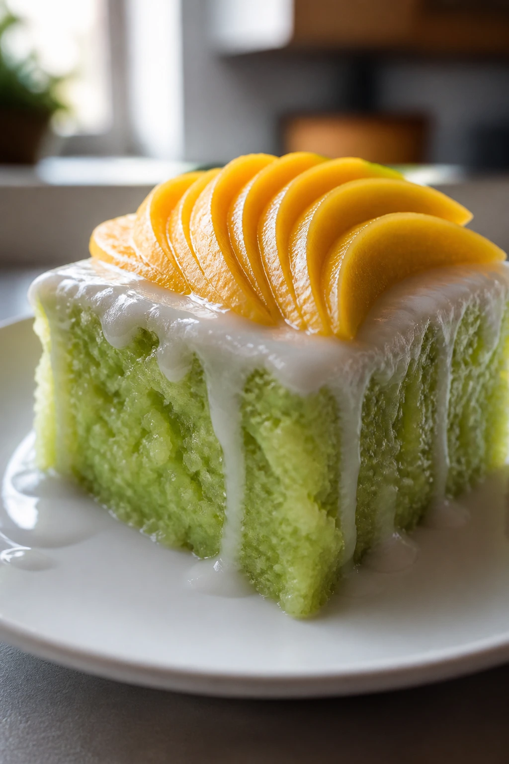 Pandan mochi cake square with mango fan slices on plate.