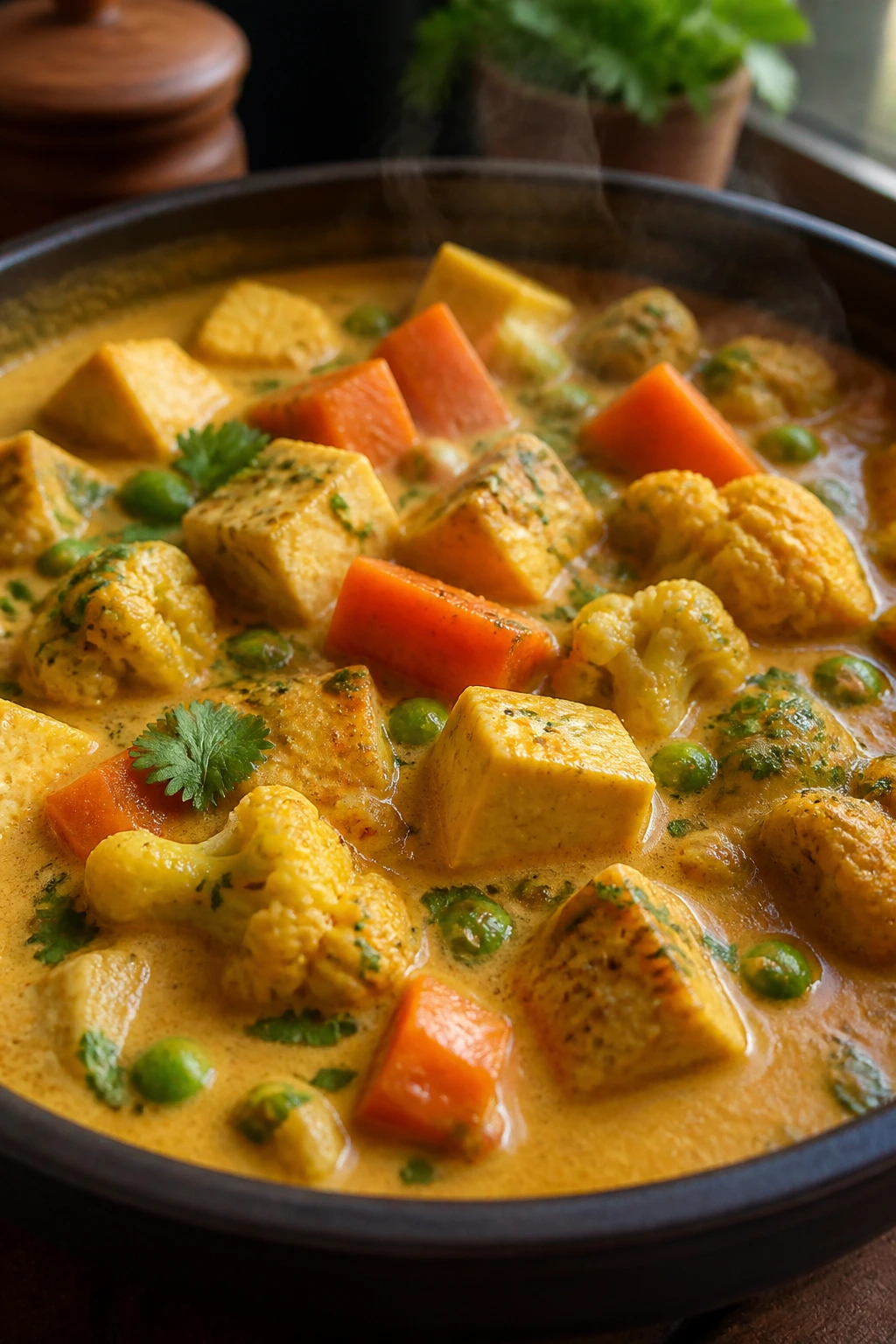 Creamy vegetable korma with paneer in a bowl