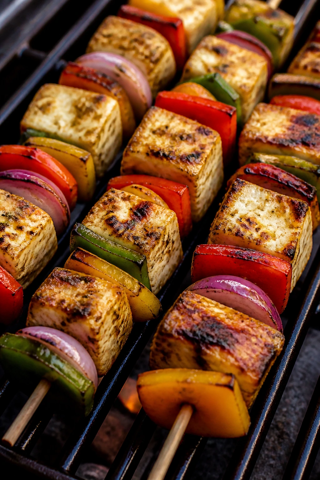 Close-up of cumin-spiced paneer and pepper skewers browning on a grill