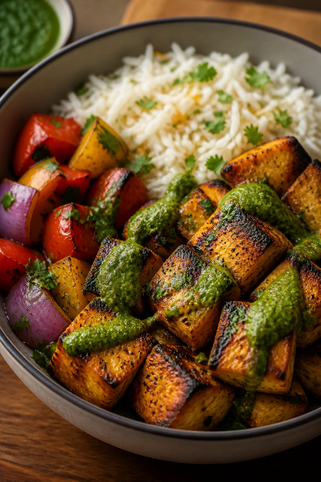 Close-up of Paneer Tikka Bowl with marinated paneer and vibrant peppers on basmati rice