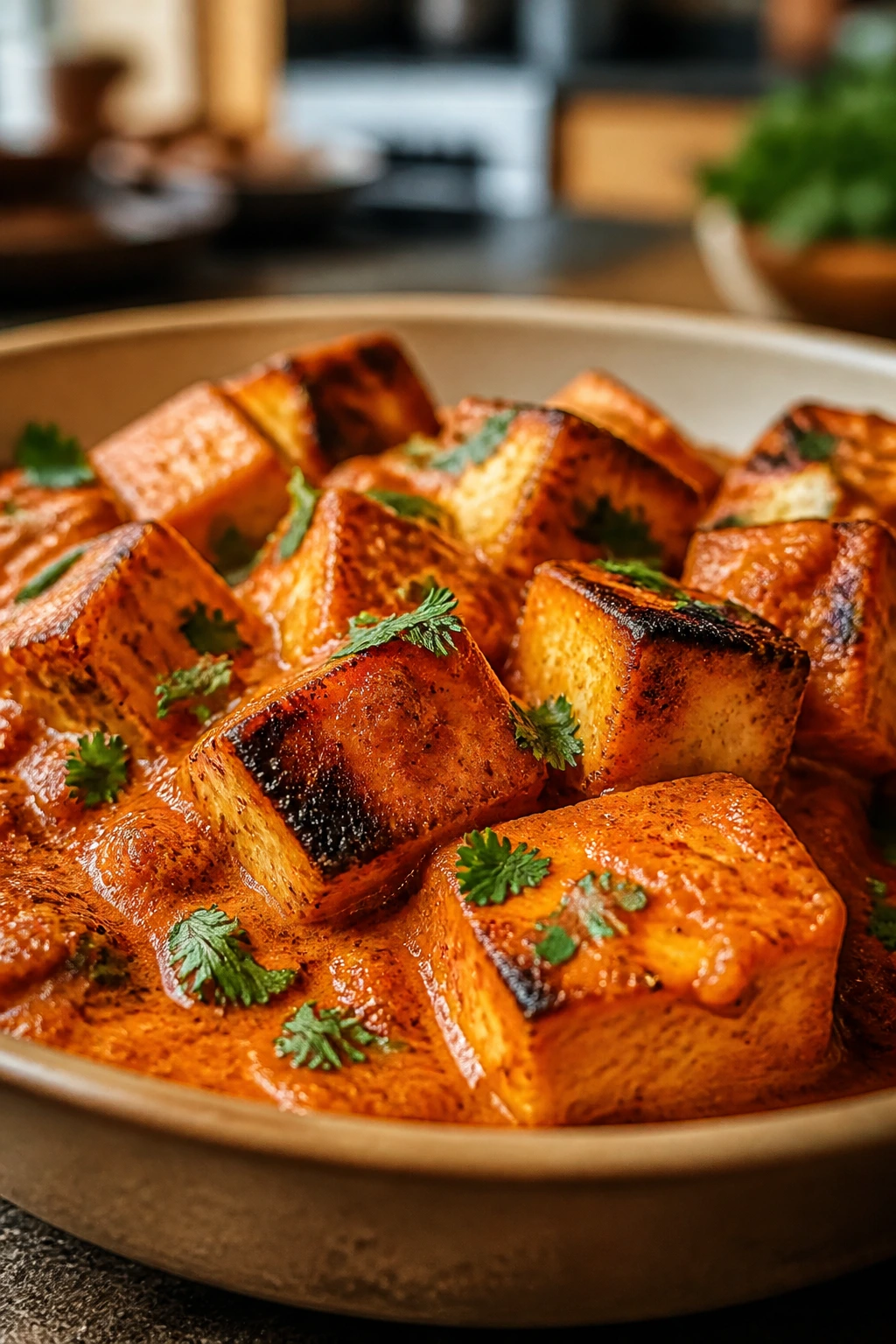 Close-up of paneer tikka masala on a plate in a cozy kitchen
