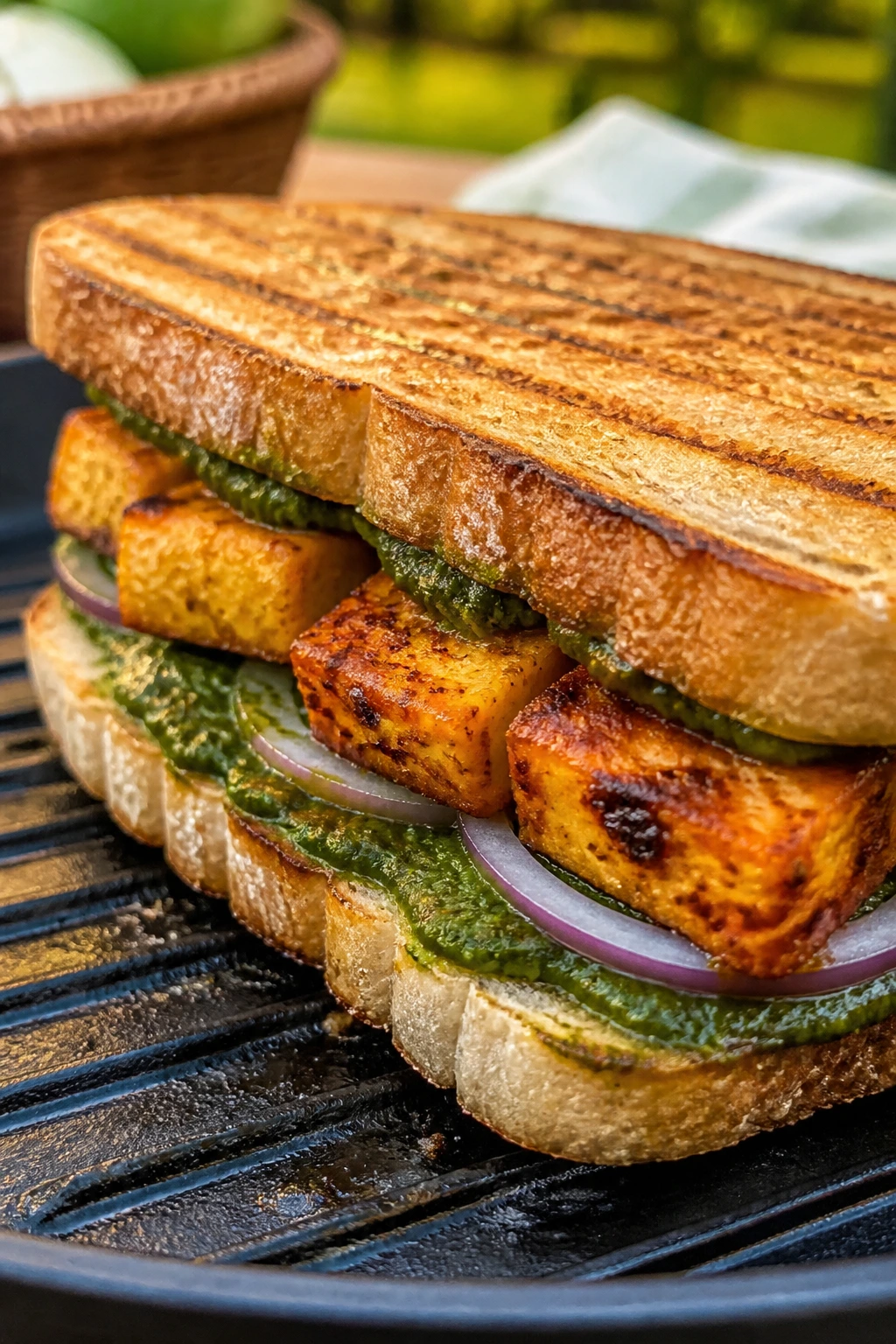 Close-up of Paneer Tikka Sandwich with paneer, mint chutney, and onion on bread