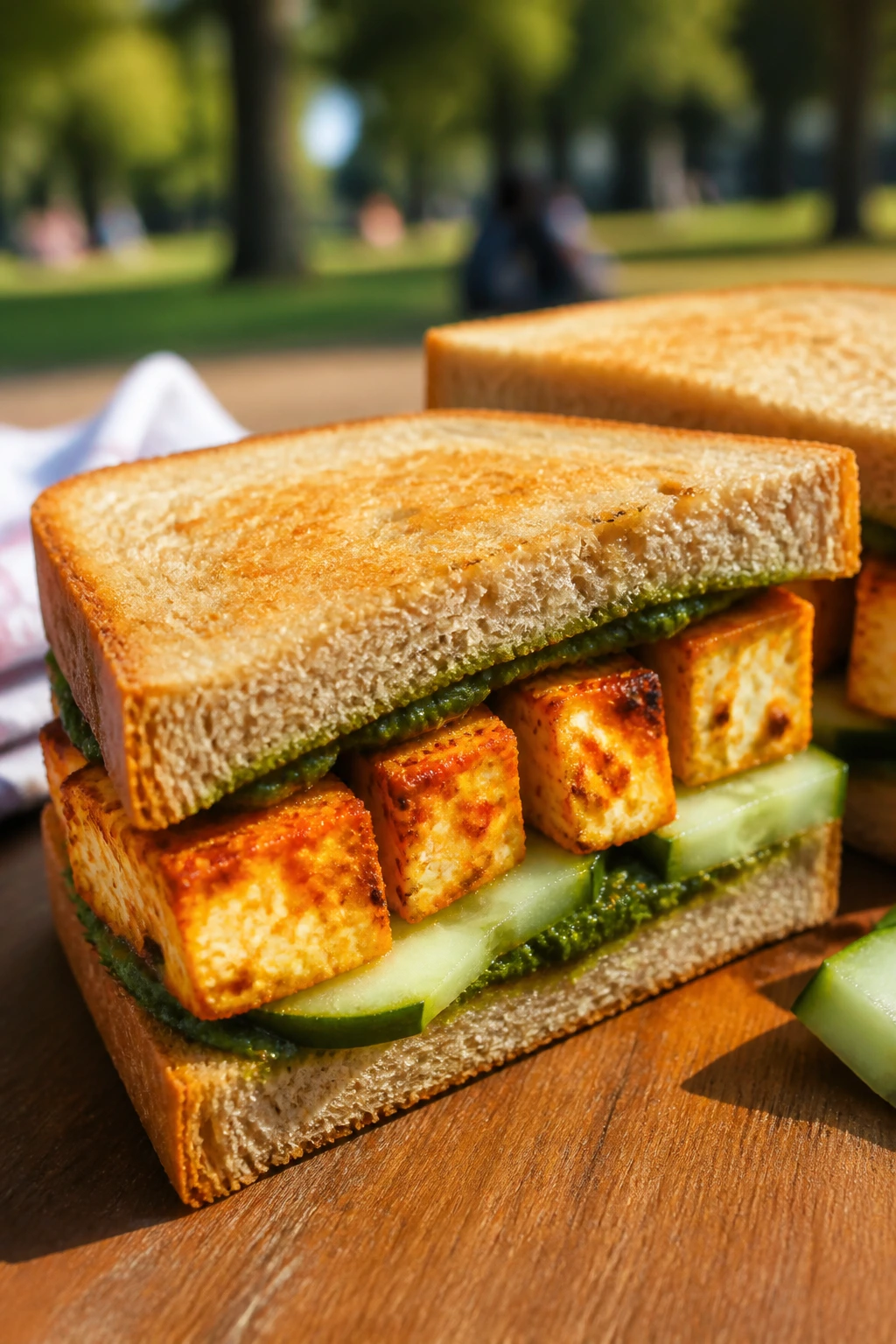 Paneer tikka sandwich close-up with yogurt marinade and cucumber outdoors