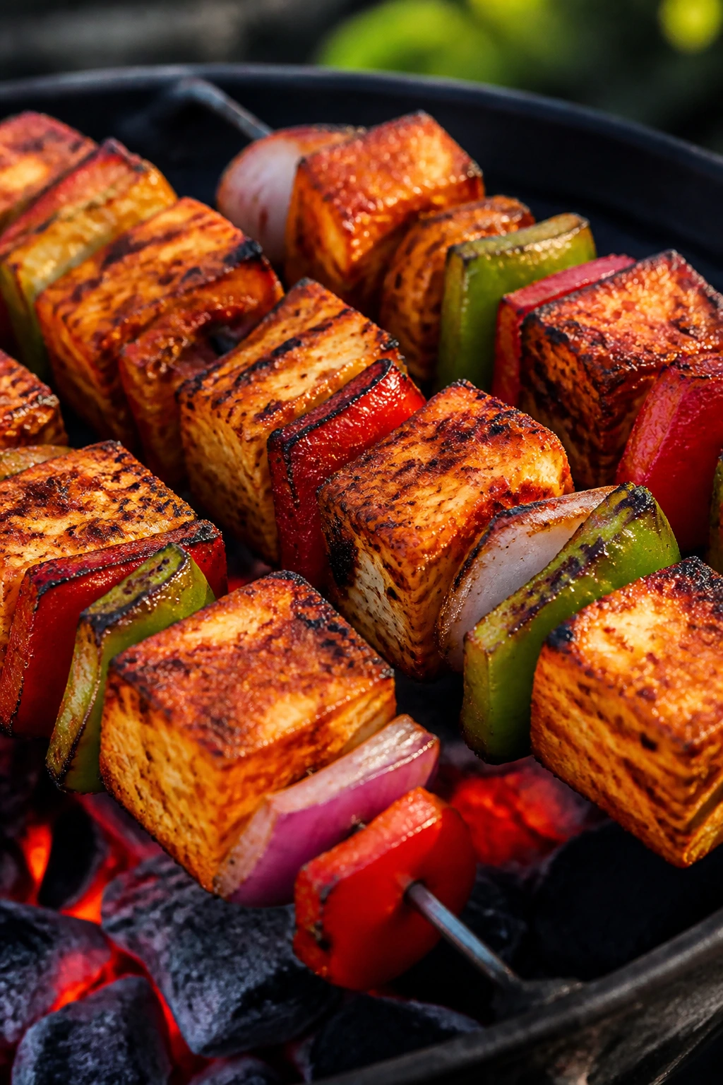 Paneer tikka skewers with peppers and onion on a grill