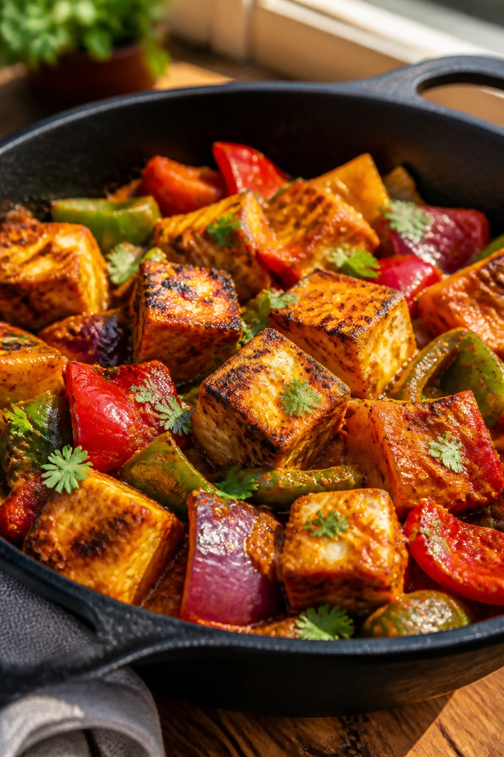 Close-up of paneer tikka cubes browning in skillet with peppers and onions