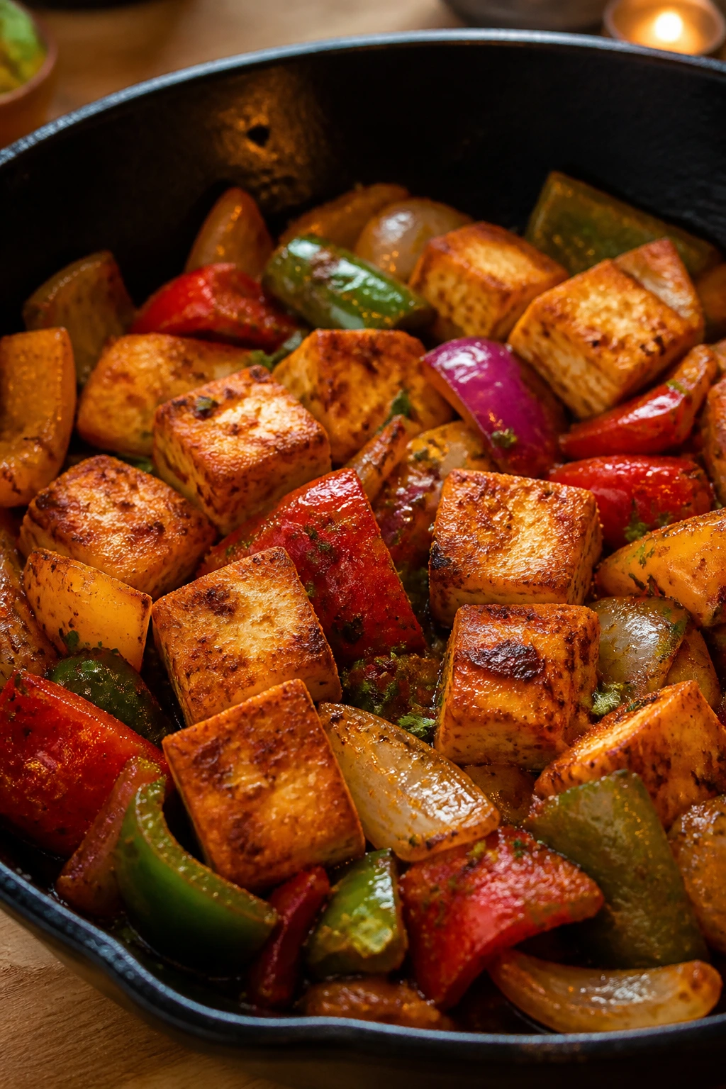 Paneer tikka in a skillet with peppers and onions
