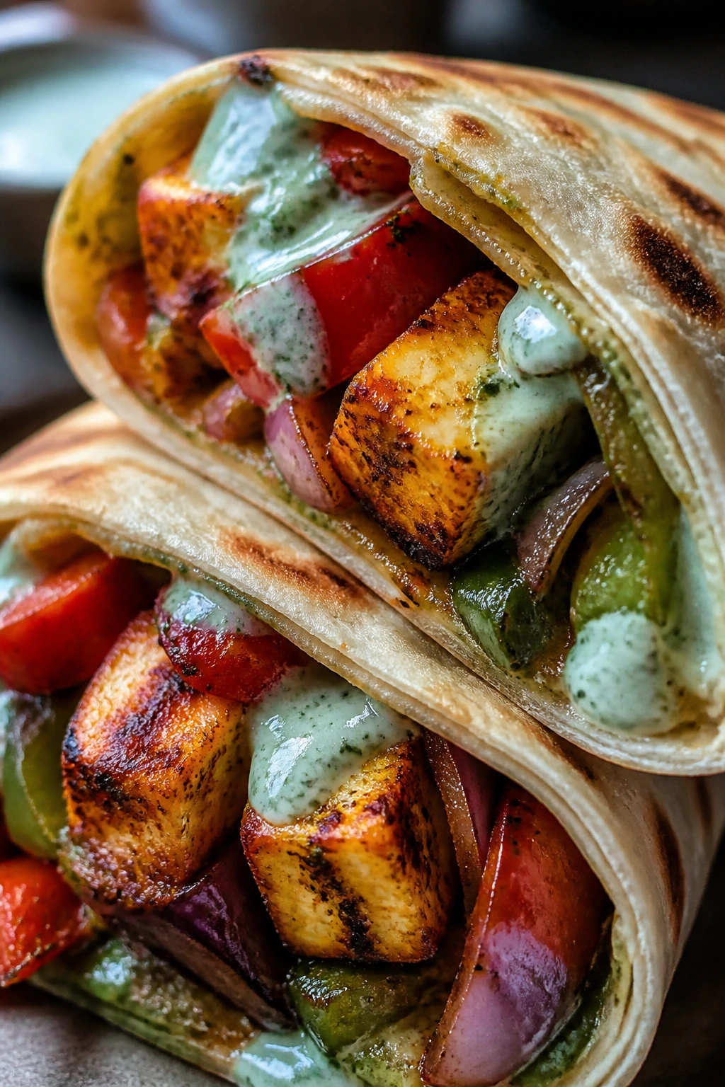Close-up of Paneer Tikka Wrap with mint yogurt sauce and charred peppers