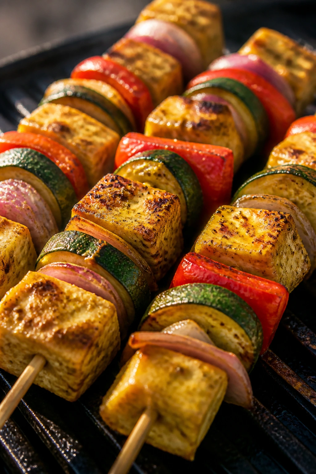 Close-up of Curry Paneer and Vegetable Kabobs with paneer and veggies on skewers