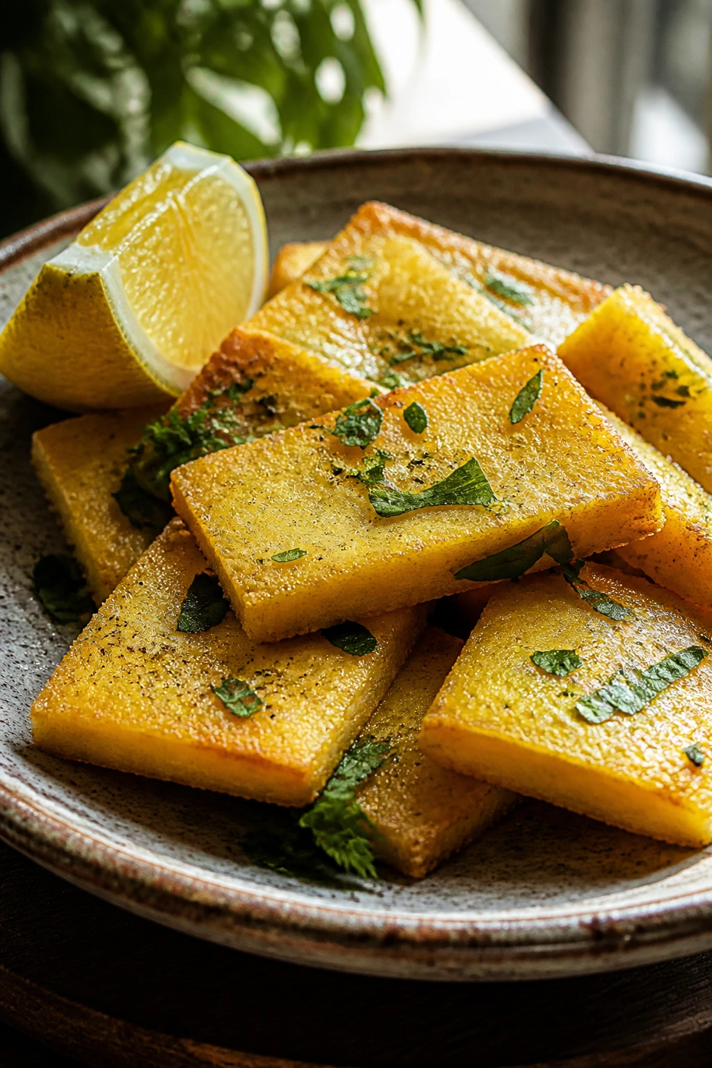 Close-up of panelle fritters with parsley and lemon on a rustic plate