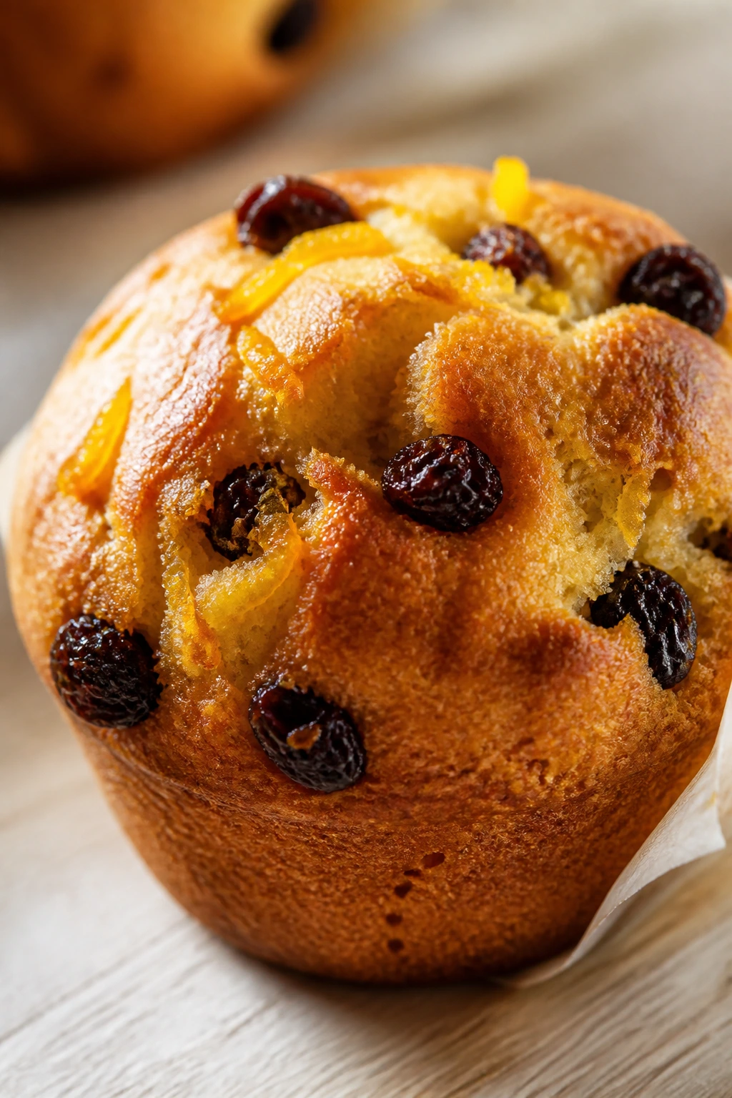 Close-up of a mini panettone muffin with citrus and raisins