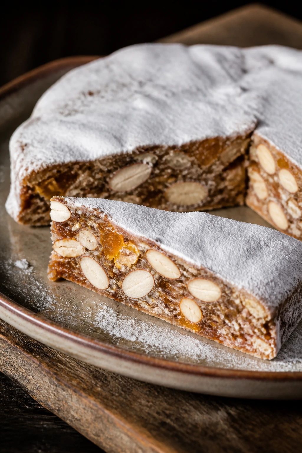 Close-up of panforte with citrus and nuts slice on a plate
