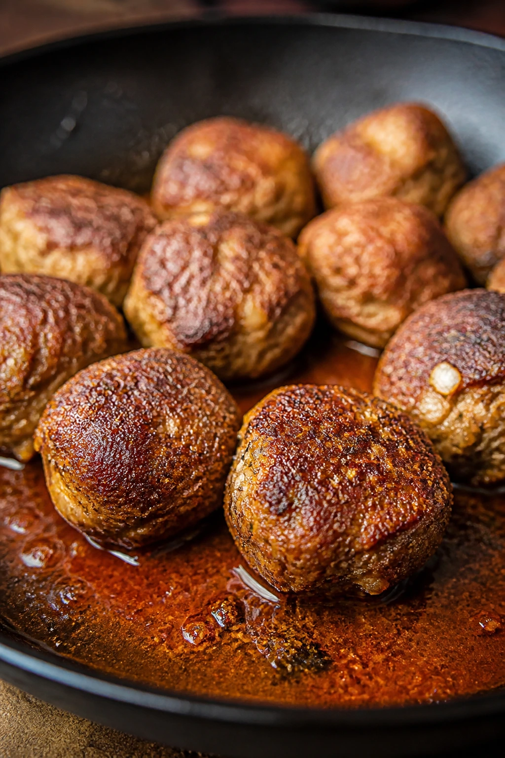 Close-up of pan-fried meatballs with crispy crust in skillet