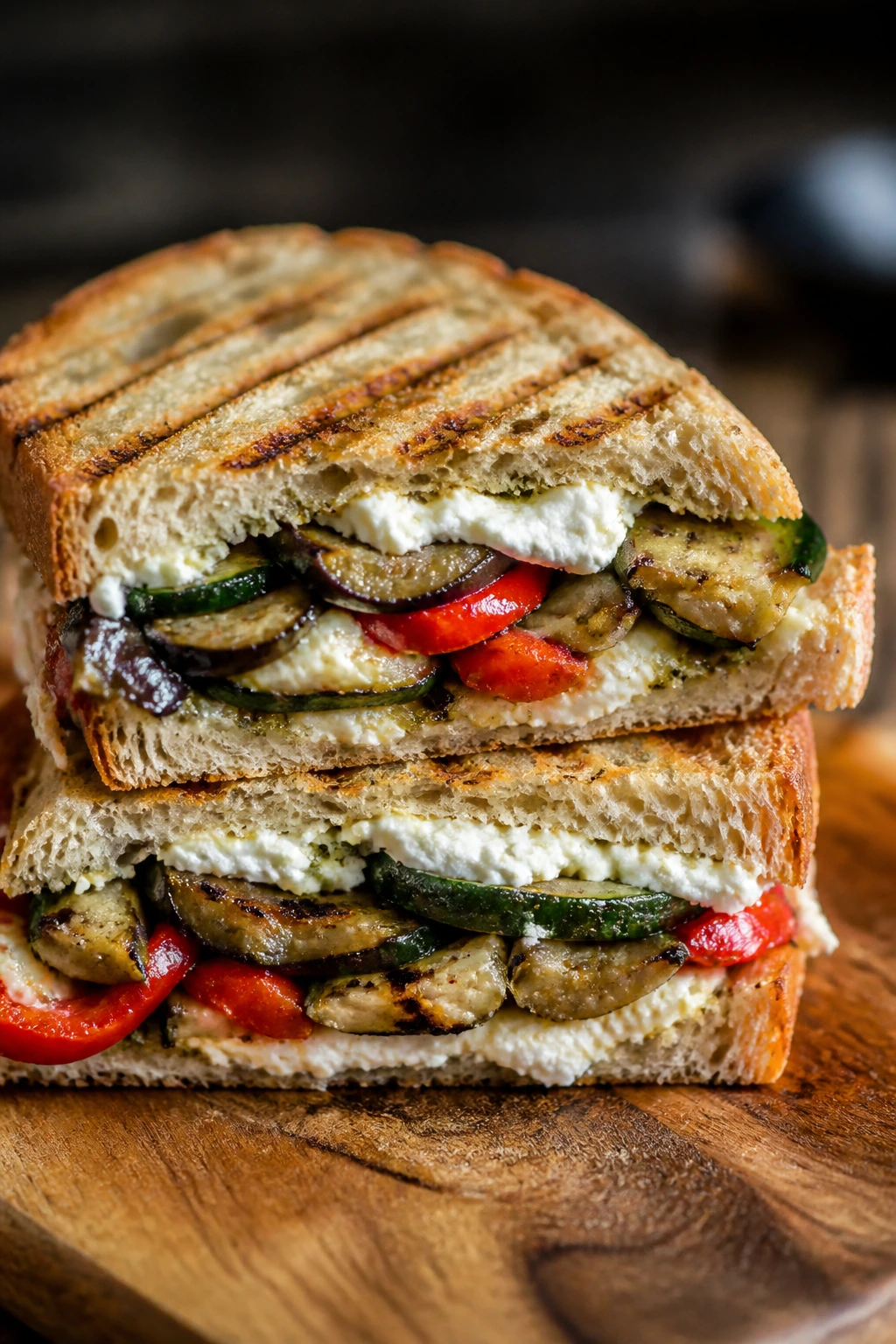 Cross-section of grilled veggie panini with goat cheese on rustic bread